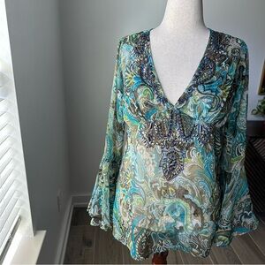 K Jordan Paisley V-Neck Blouse - Blue and Green